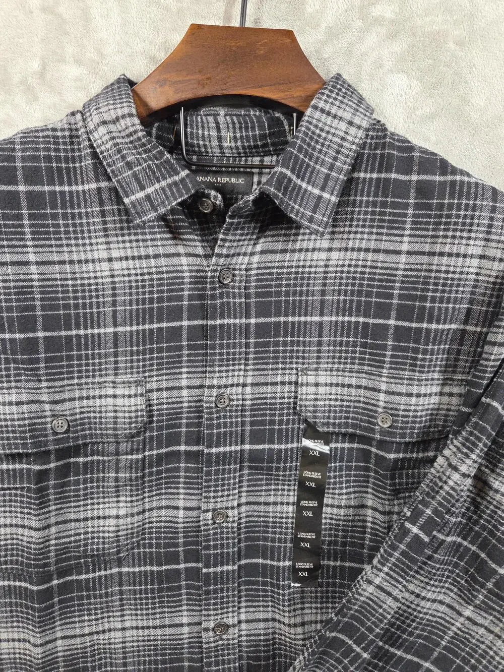 Banana Republic Shirt Mens 2XL Black/Gray Plaid Flannel Long Sleeve Button Up